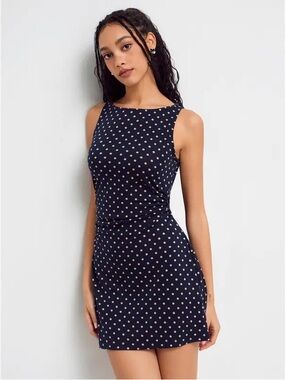 NWT Cider Navy Blue Tan Polka Dot Ruched Boat Neck Sleeveless Mini Dress XL